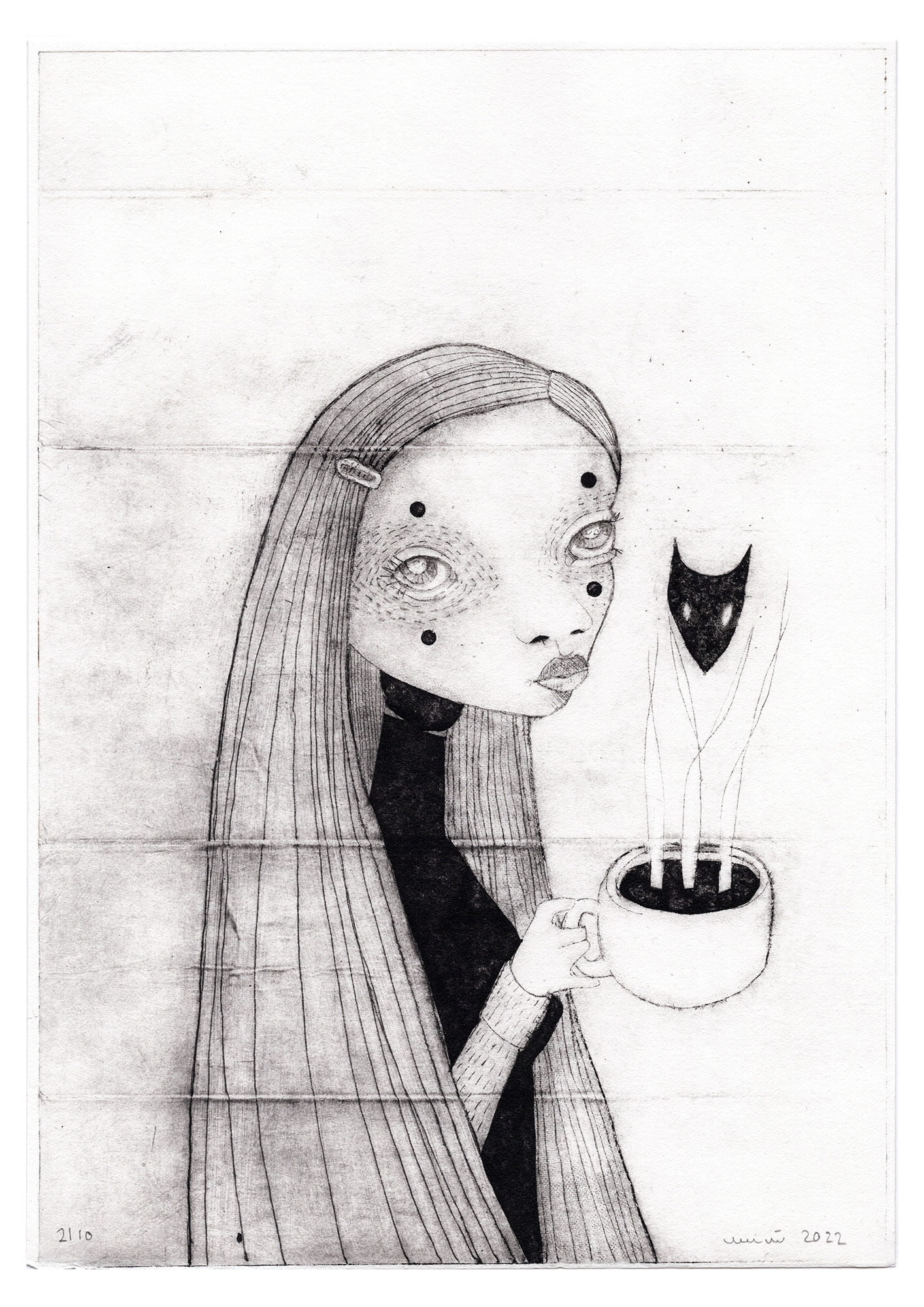 Conversations with my teacup, Collagraph print by minu